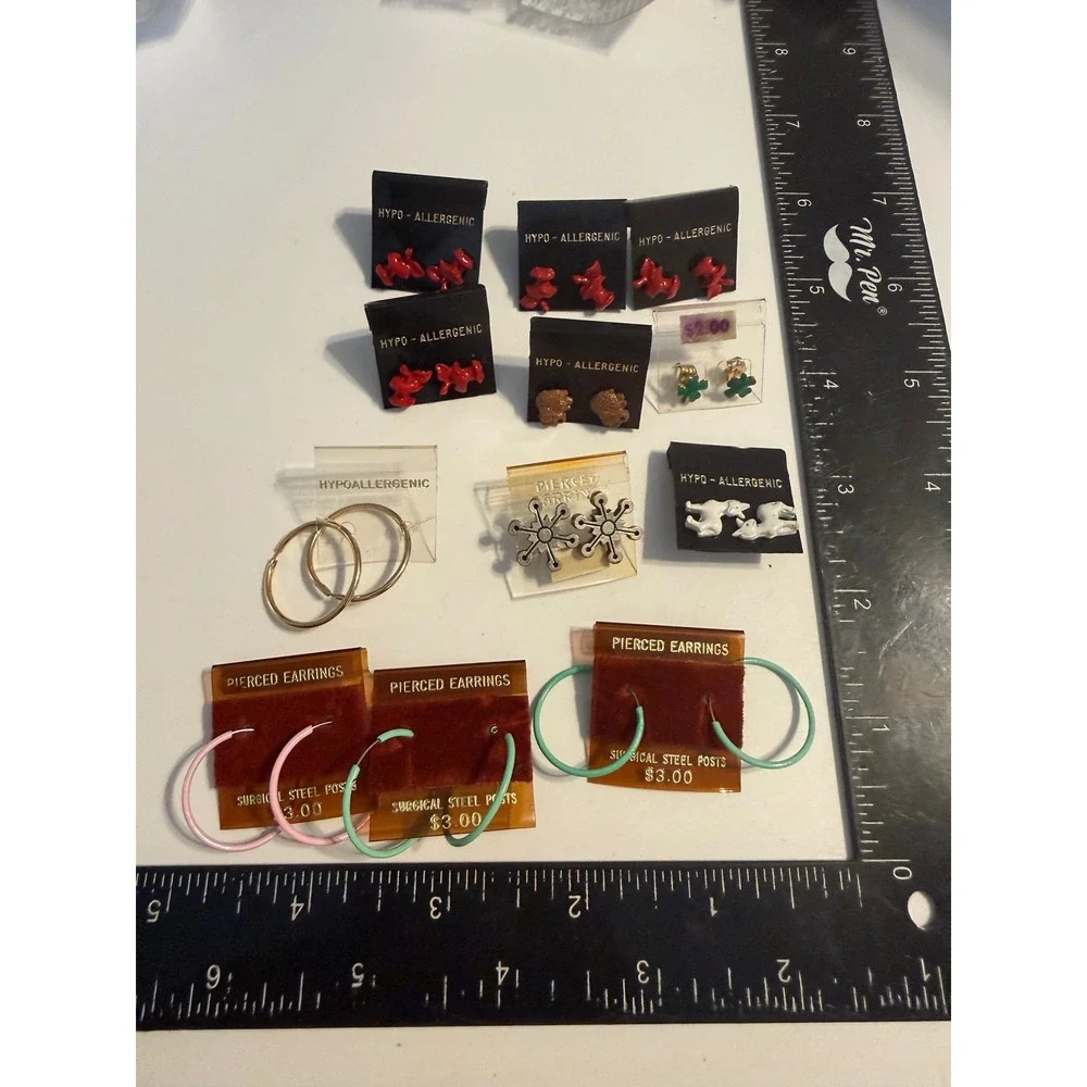 Vintage Deadstock Earring Lot Hypoallergenic Studs Enamel Hoops Animals 11 Pairs